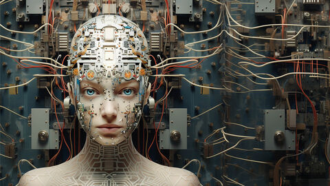 Mit KI erzeugtes Bild in Ölmalerei-Optik, auf dem ein Cyborg mit weiblichen Gesichtszügen und sichtbaren Maschinenteilen wie Schaltkreisen und Kabeln vor einem offenen Serverschrank zu sehen ist