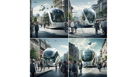Vierer-Kombination von Bildern, die von der KI zum Suchbegriff „KI trifft Mobilität“ erzeugt wurden