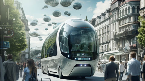 Mit KI erzeugtes Bild in Ölmalerei-Optik, auf dem eine Innenstadt im Gründerzeit-Stil mit Fußgängern und futuristischen Transportmitteln auf der Straße und in der Luft zu sehen sind