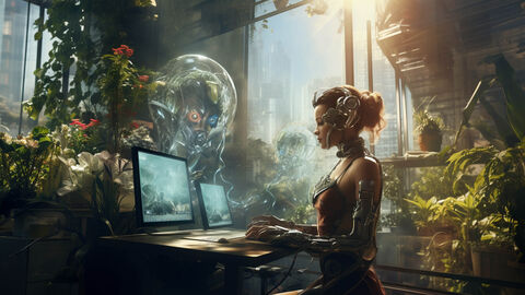 Mit KI erzeugtes Bild in Ölmalerei-Optik, auf dem ein weiblicher Cyborg in einem mit vielen Pflanzen ausgestatteten Raum sitzt und am Computer arbeitet, während ein quallenähnliches Geschöpf ihr zusieht