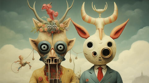 Mit KI erzeugtes Bild in Ölmalerei-Optik, auf dem zwei Fantasiefiguren mit gehörnten Monsterköpfen und menschenähnlicher Gestalt zu sehen sind