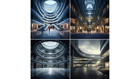 Vierer-Kombination von Bildern, die von der KI zum Suchbegriff „Enterprise Architekturmanagement“ erzeugt wurden