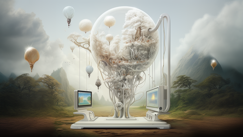 Eine fantasivolle Blase aus weißen Bäumsträngen, die mit einem Computer verbunden ist.