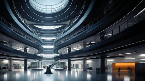 Mit KI erzeugtes Bild in Ölmalerei-Optik, auf dem das riesige, fast menschenleere Glasfoyer eines modernen Gebäudes zu sehen ist