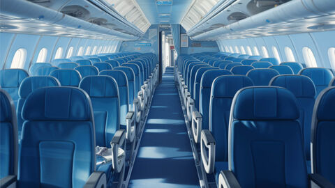 Mit KI erzeugtes Bild in Ölmalerei-Optik, auf dem die menschenleere Kabine eines Passagierflugzeugs zu sehen ist