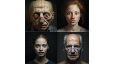 Vierer-Kombination von Bildern, die von der KI zum Stichpunkt „Gesichter von Verdächtigen erzeugt wurden