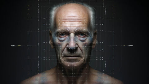 Mit KI erzeugtes Bild in Ölmalerei-Optik, auf dem das Gesicht eines älteren Mannes mit einer darübergelegten Grafik aus Schaltkreisen zu sehen ist 