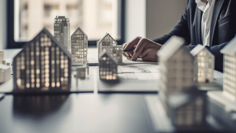 Auf einem Tisch stehen mehrere kleine Modelle von Häusern.