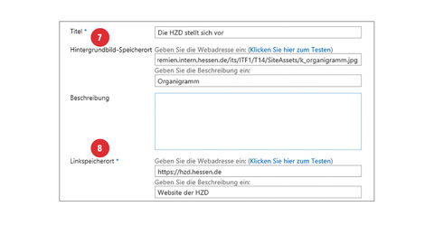Screenshot vom Eingabefenster "Neues Element hinzufügen": Das Feld „Hintergrundbild-Speicherort“ ist mit der Ziffer 7 markiert und das Feld „Linkspeicherort“ mit der Ziffer 8.