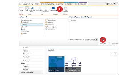 Screenshot Register „Einfügen" vom Register "Einfügen": Der Button „App-Webpart“ ist mit der Ziffer 9 versehen und unter der Liste „Kacheln“ ist der Button „Hinzufügen“ mit der Ziffer 10 versehen.