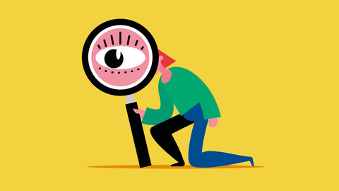 Illustration mit einem knienden Mann und einer übergroßen Lupe, in der ein extrem vergrößertes Auge zu sehen ist