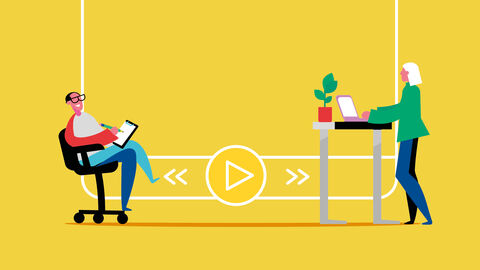 Stilisierte Menschen, von denen einer entspannt auf einem Bürostuhl sitzt und ein zweiter am seinem Laptop auf dem Stehpult arbeitet