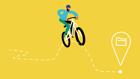 Illustration von einem Mountainbiker, der sich mit einem beherzten Sprung einem stilisierten Aktenordner nähert