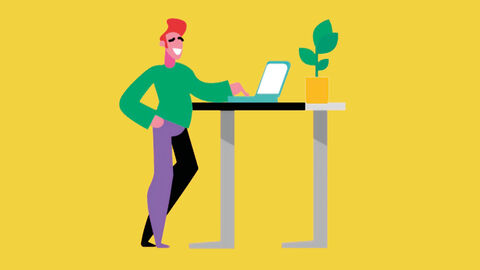 Illustration von einem Mann, der entspannt an einem Stehpult mit Laptop lehnt