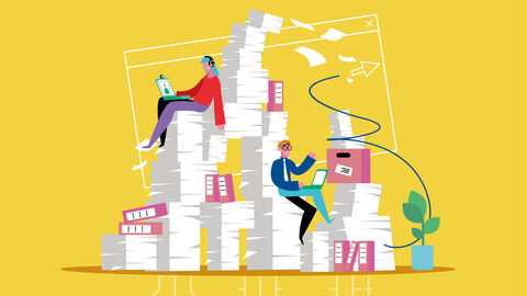 Illustration mit zwei Personen, die mit einem Laptop auf dem Schoß auf turmhohen Aktenstapeln sitzen