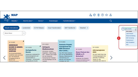 Screenshot von der Startseite des MAP, bei dem die Inhaltsbox rechts oben unter dem Menü rot eingerahmt und mit der Ziffer 2 versehen ist.