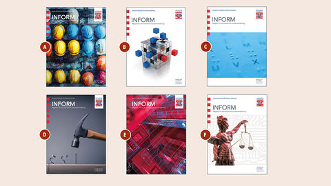 Collage aus sechs Covermotiven aus der Magazingeschichte der INFORM.