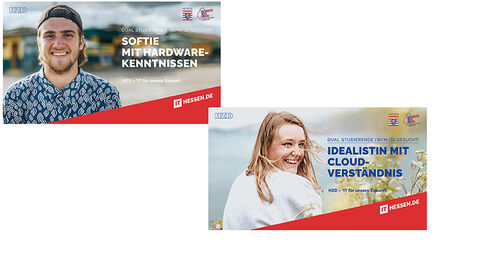 Zwei Motive der Stellengesuche für die Zielgruppe der dual Studierenden: „Idealistin mit Cloud-Verständnis“ und „Softie mit Hardware-Kennnissen“