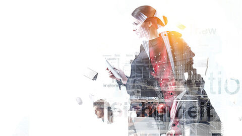 Bildkomposition mit Illustrationen von Menschen in Arbeitssituationen, darüber gelegt Begriffe von Aufgaben wie Informationssicherheit