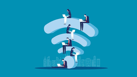 Stilisiertes WLAN-Symbol auf dem verschiedene Figuren sitzend platziert sind, die Notebooks auf ihrem Schoß haben.