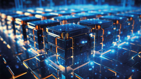 Futuristisches Bild mit containerartigen, blauen Blöcken, die durch Lichtlinien verbunden sind