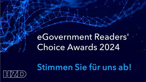 dunkler Hintergrund mit Netzartiger Struktur und dem Aufruf, dass Stimmen für die HZD beim eGovernment-Award abgegeben werden sollen
