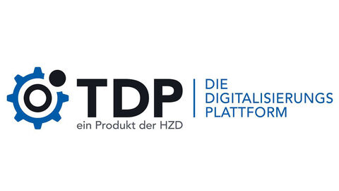 Logo der Technischen Digitalisierungsplattform TDP, das aus dem Schriftzug mit dem Produktnamen und einem zahnradähnlichen Icon zusammensetzt
