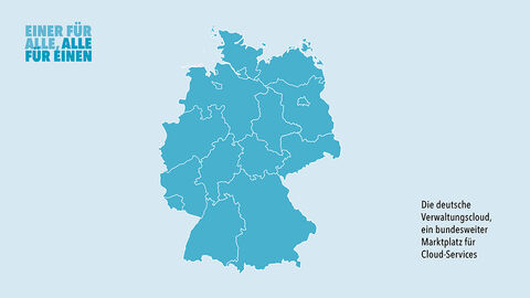 Stilisierte Deutschlandkarte mit durch eine schwarze Umrandung markierten Bundesländern, die alle in das Programm Cloud-Transformation eingebunden sind. 