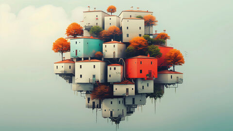 Illustration mit verschiedenfarbigen Häusern, die rautenförmig gestapelt sind und frei im Himmel schweben