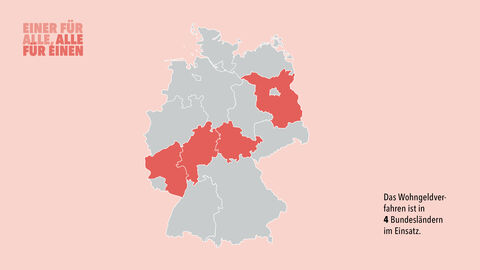 Stilisierte Deutschlandkarte, darauf farbig markiert die vier das Wohngeldverfahren eWoG nutzenden Bundesländer 