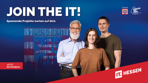 Allgemeines Motiv der Arbeitgebermarke IT Hessen mit der Aufforderung „Join the IT! Spannende Projekte warten auf dich.“