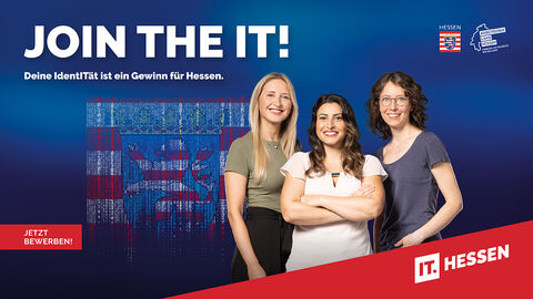 Frauen-Motiv der Arbeitgebermarke IT Hessen mit der Aufforderung „Join the IT! Deine IdentITät ist ein Gewinn für Hessen.“