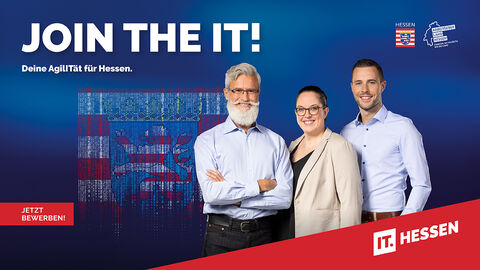 Professionals-Motiv der Arbeitgebermarke IT Hessen mit der Aufforderung „Join the IT! Deine AgilITät für Hessen.“