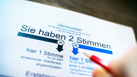Kopfbogen eines Stimmzettels mit der Überschrift „Sie haben 2 Stimmen“