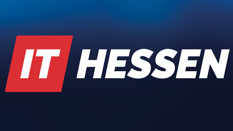 Logo der Arbeitgebermarke IT Hessen vor blauem Hintergrund