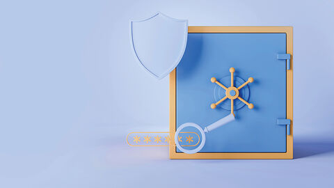 Bildkomposition mit Elementen wie Tresor oder Schutzschild, die die Qualitätkriterien der digitalen Dachmarke symbolisieren