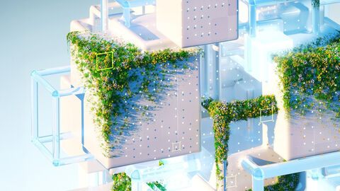 Illustration mit gestapelten und von Grünpflanzen umrankten Würfeln, die das Baukastensystem der FISBOX® verbildlichen