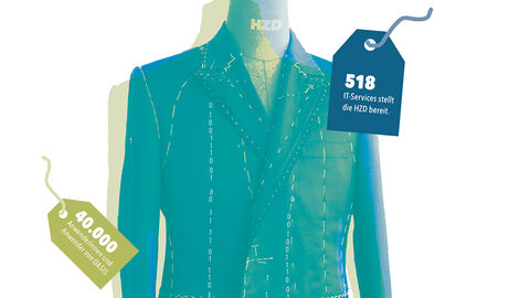 Stilisierte Schneiderpuppe mit Herrenjackett und Etiketten mit dem Text „518 IT-Services stellt die HZD bereit“ beziehungsweise „40.000 Anwenderinnen und Anwender von OASIS“