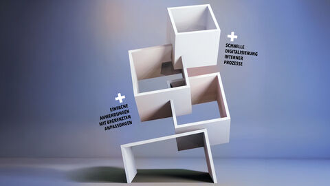 KI-generierte Bildkomposition aus miteinander verzahnten offenen Würfelelementen, die die Softwareentwicklung mit Bausteinen Low-Code-Prinzip symbolisieren