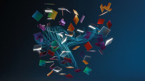 KI-generiertes Bild mit in einem digitalen Strom wirbelnden farbigen Glasplättchen, die die Vorhaben der HZD symbolisieren