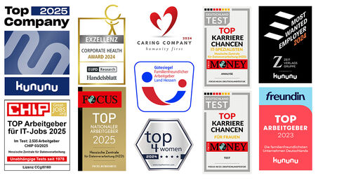 Ausgezeichneter Arbeitgeber: die HZD Abbildung der Logos Familienfreundlicher Arbeitgeber, Top4Women, Caring Company, Kununu Top Company, Kununu / Freundin, Kununu / Zeit, Focus Business (Top-Company, Top-Karrierechancen für Frauen, Top-Karrierechancen für IT-Spezialisten), Corporate Health Award und Chip