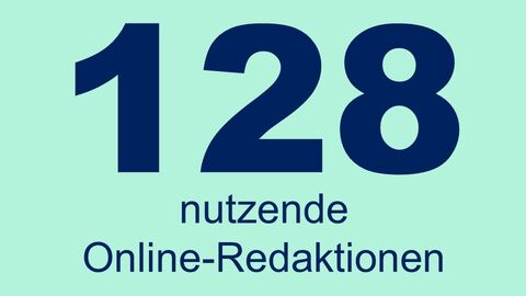 Blauer Schriftzug "128 nutzende Online-Redaktionen" auf türkisfarbenem Hintergrund