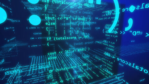 Screen, auf dem vor einem blauen Hintergrund in grüner und türkiser Schrift Codezeilen stehen