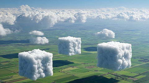 Luftaufnahme von Landschaft mit grünen Feldern, darüber im Hintergrund eine weiße Wolkendecke und im Vordergrund einzelne wie Würfel geformte Wolken 