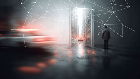 Bildkomposition aus Polizeiwagen in großstädtischer Straßenschlucht, halbtransparenter Wand mit weißem Türrahmen und darüber gelegtem Gitter mit zahlreichen Knotenpunkten 