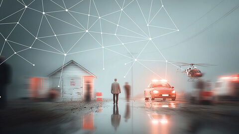 Bildkomposition aus Tatort mit Einsatzwagen und Helikopter, zum Teil verschwommen dargestellten Personen und darüber gelegtem Gitter mit zahlreichen Knotenpunkten 