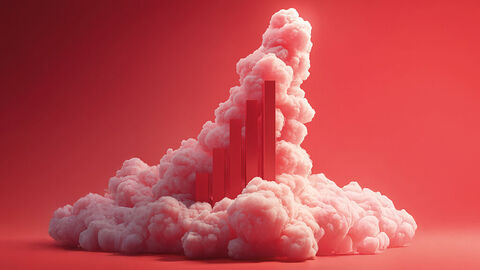 Wie eine Startrampe geformte Wolke vor rotem Hintergrund, in die ein aufsteigendes Säulendiagramm integriert ist 