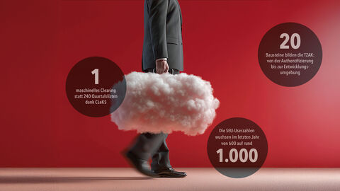 Mann im Anzug mit wolkenförmigem Aktenkoffer vor rotem Hintergrund, darum angeordnet drei Kennzahlen der Steuercloud-Aktivitäten: 1 maschinelles Clearing, 20 Bausteine für die TSAK, 1.000 SEU-User