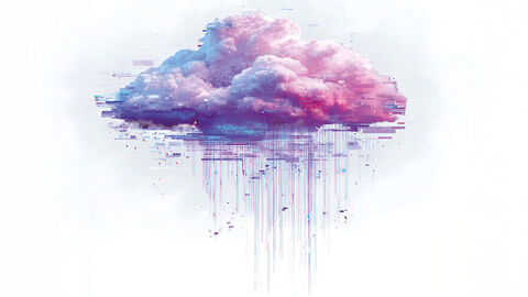 Mit KI generierte pastellfarbene Wolke, aus der stark verpixelte Regenschnüre fallen