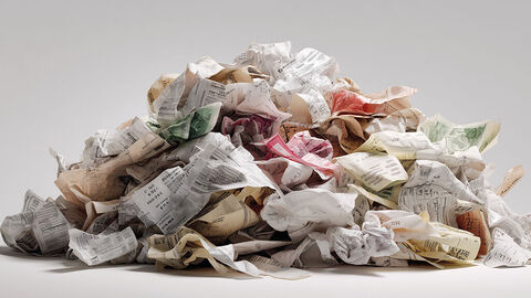 Kleiner Berg aus zerknüllten Quittungen vor grauem Hintergrund